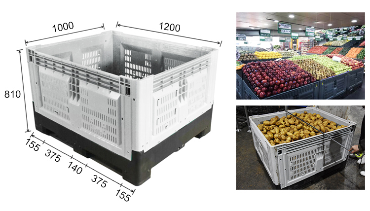Foldable large storage HDPE plastic container vented pallet box for sale